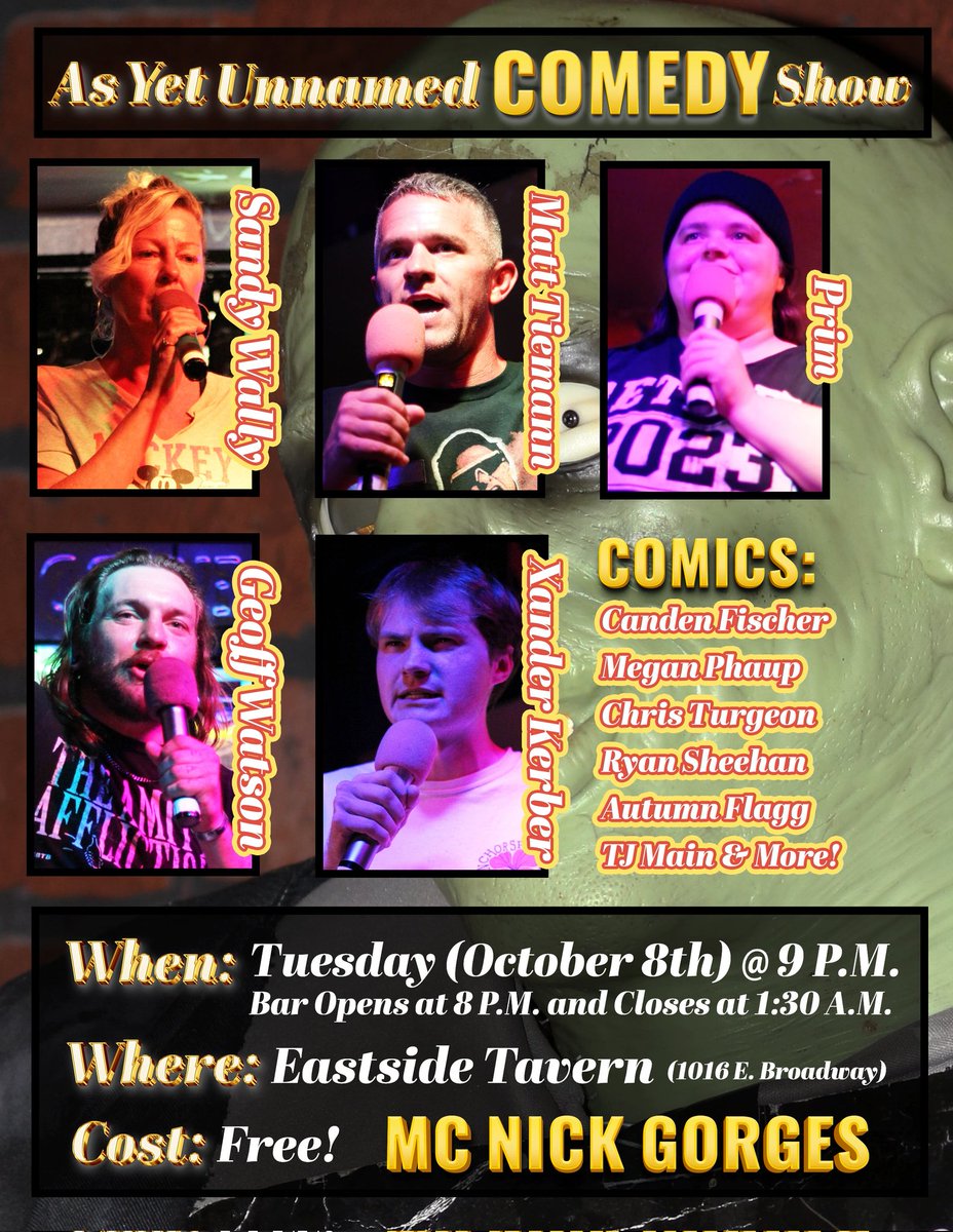 EastsideTavern's tweet image. The comedy continues Tue. Night at Eastside with the &quot;As Yet Unnamed Comedy Show!

Doors at 8pm no cover charge.

🍺🍹🍷💉and 💣specials all night.