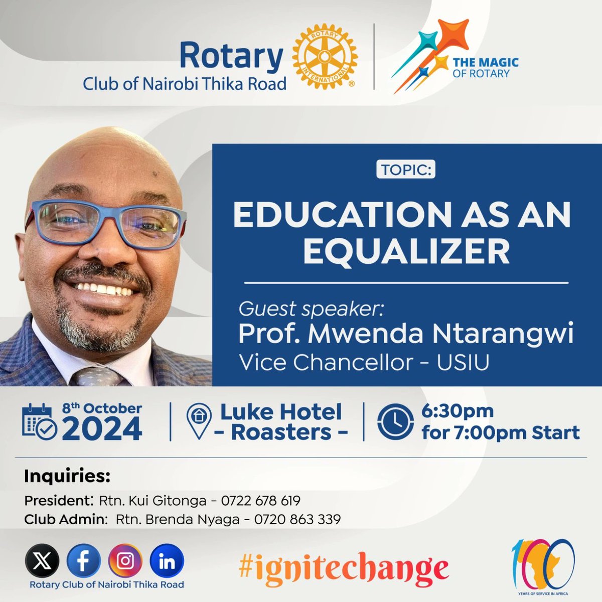 See you later in the evening, an amazing fellowship 'Education as an Equalizer' by Prof Mwenda Ntarangwi Vice Chancellor <a href="/ExperienceUSIU/">USIU-Africa</a> starting 6:30pm at <a href="/TheLukeHotel/">The Luke Hotel</a>.

#IgniteChange