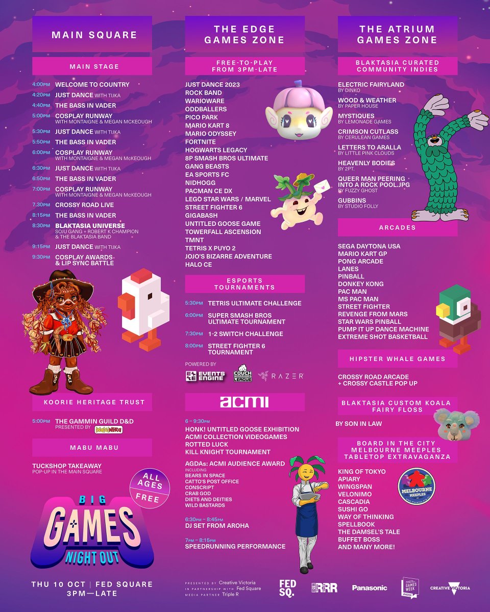 Big Games Night Out has a First Peoples focus this year, with the launch of the Blaktasia mobile game universe at 8.30pm.

When: Thursday 10 October 2024; Blaktasia universe premiere at 8.30pm
Where: Federation Square, Naarm
More info: gamesweek.melbourne/BGNO