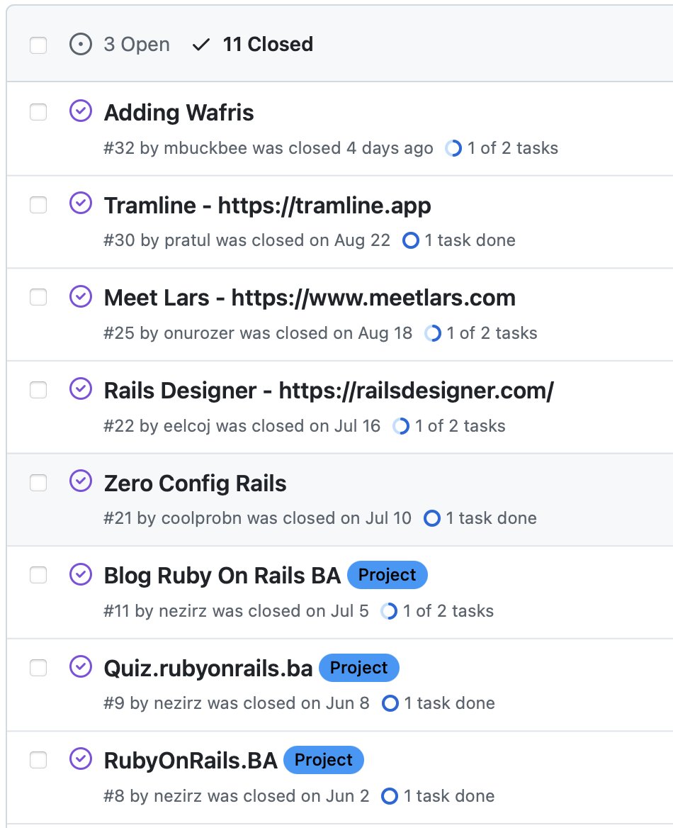 These are few #Rails project that has already listed to #builtWithRuby. 

To list your cool #Ruby #Rails project, create #GitHub issue.

github.com/gkunwar/BuiltW…