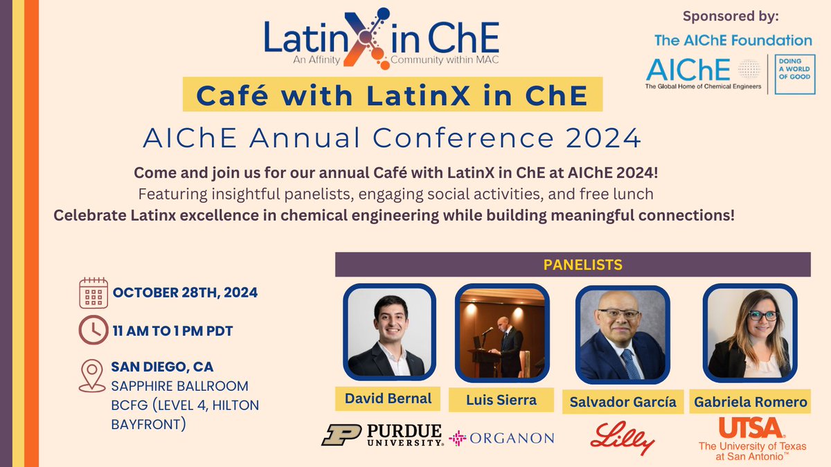 LatinX in ChE (@latinxinche) on Twitter photo 1️⃣ Café with LatinXinChE ☕Join us for a panel with top experts from academia and industry:
Prof <a href="/bernalde/">David Bernal</a> from <a href="/PurdueChemE/">Purdue Chemical Engineering</a>
Luis Sierra from <a href="/OrganonLLC/">Organon</a>
Dr Salvador García Muñoz from <a href="/EliLillyandCo/">Eli Lilly and Company</a>
Prof <a href="/RomerosLab/">Gabriela Romero</a> from <a href="/UTSA/">UTSA</a>
2/n 1️⃣ Café with LatinXinChE ☕Join us for a panel with top experts from academia and industry:
Prof <a href="/bernalde/">David Bernal</a> from <a href="/PurdueChemE/">Purdue Chemical Engineering</a>
Luis Sierra from <a href="/OrganonLLC/">Organon</a>
Dr Salvador García Muñoz from <a href="/EliLillyandCo/">Eli Lilly and Company</a>
Prof <a href="/RomerosLab/">Gabriela Romero</a> from <a href="/UTSA/">UTSA</a>
2/n