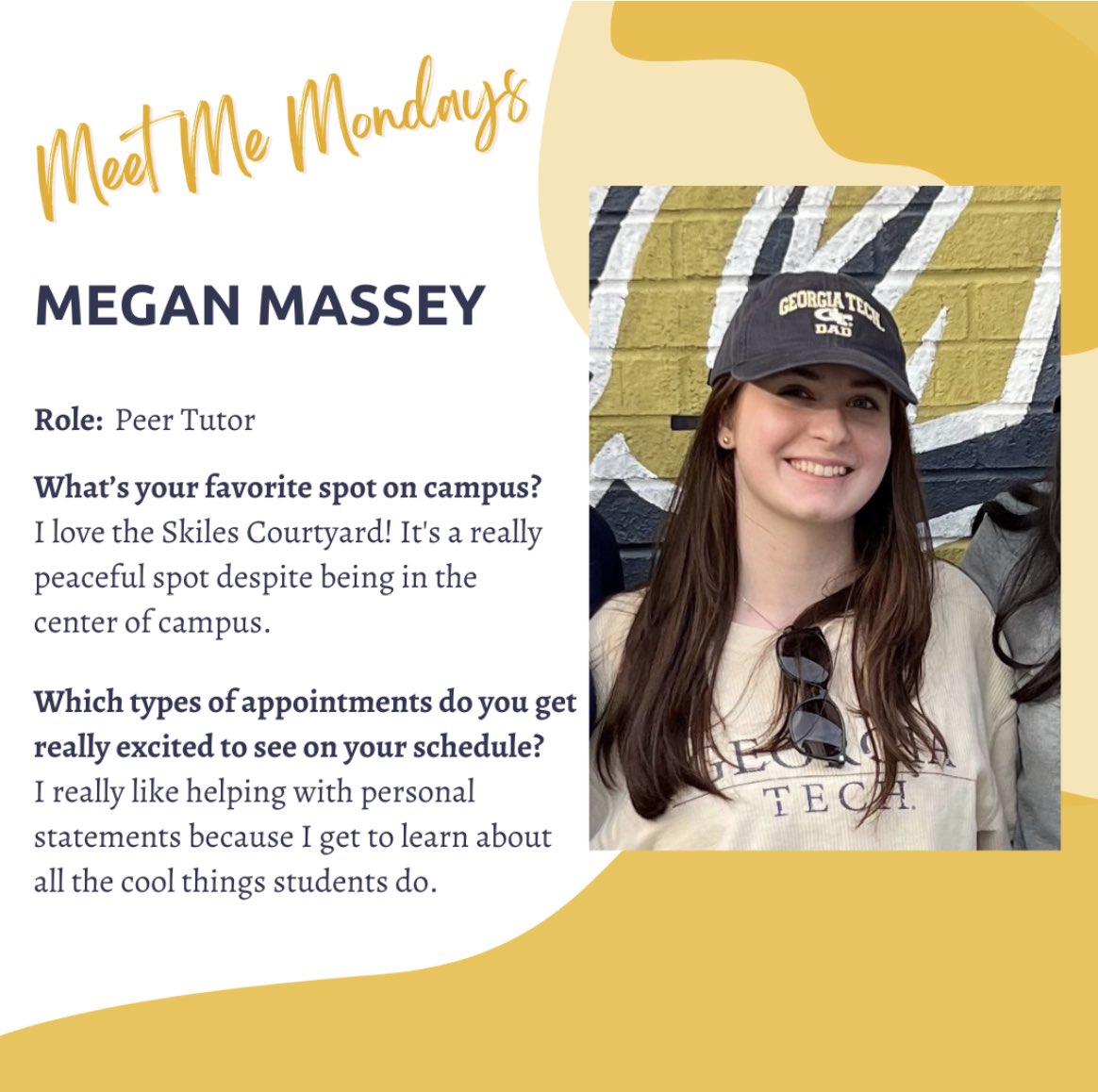 It's technically still Monday so Meet Megan! She's a Peer Tutor who is graduating in December, so be sure to make an appointment with her before it's too late! gatech.mywconline.com #georgiatech #writers #communicationcenter #writinghelp #personalstatements