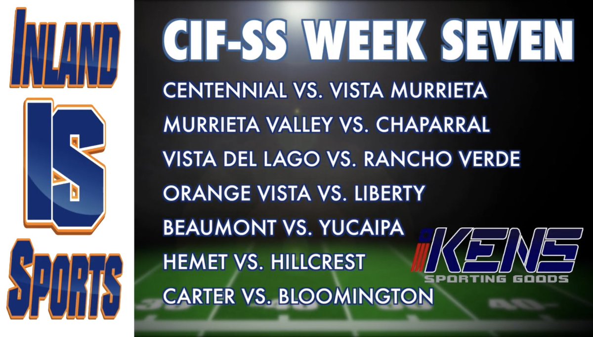 🔥 League title races really HEAT UP this week with some juicy match-ups in Week 7!!!

<a href="/Cen10Football/">Corona Centennial Football</a>
<a href="/vmhsfootball/">Vista Murrieta Football</a> 
<a href="/MVNighthawkFB/">NIGHTHAWK FOOTBALL</a>
<a href="/chaparralpumafb/">Chaparral Puma Football</a> 
<a href="/RanchoVerdeFB/">Rancho Verde Football</a> 
<a href="/OrangeVistaFB/">Orange Vista Football</a> 
<a href="/Bison_LHS/">Liberty High School Football</a> 
<a href="/ath_bhs/">Beaumont High School Athletics</a> 
<a href="/yucaipafootball/">Justin Price - Yucaipa Football</a>
<a href="/Salasf56/">Carter Football</a> 
<a href="/CoachCarter___/">Travis Carter</a> 
<a href="/KensSptGoods/">KensSportingGoods</a>