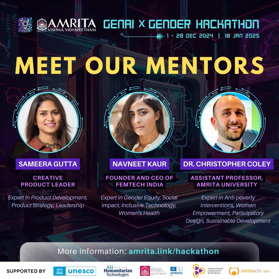 gendertechcon's tweet image. Welcoming @sameeragutta, @Navneet_Kaurrrr and @kschrisc as mentors for our GenAI x Gender Hackathon! These industry experts will guide you and help turn your ideas into real-world solutions. 

🔗Register amrita.link/hackathon
👩‍💻Online: 1 -28 Dec ‘24 
📍In-person: 18 Jan &apos;25