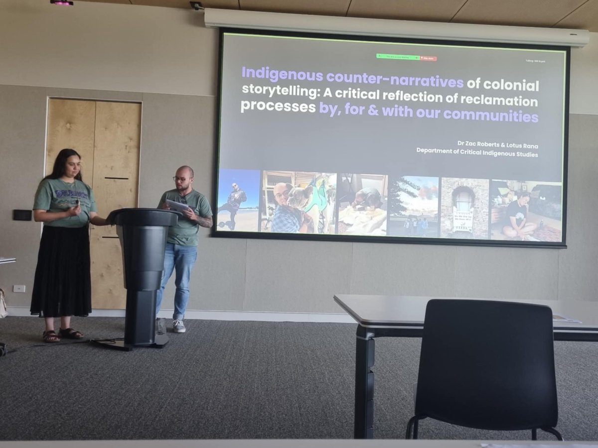 Lotus Rana and Dr <a href="/isaacjroberts/">Zac</a> of the Centre for Global Indigenous Futures and <a href="/IndigStudiesMQ/">Critical Indigenous Studies MQ</a> presenting at the Department of History and Archaeology's HDR/ECR Showcase last week. Well done to both! #DHAResearchShowcase2024
