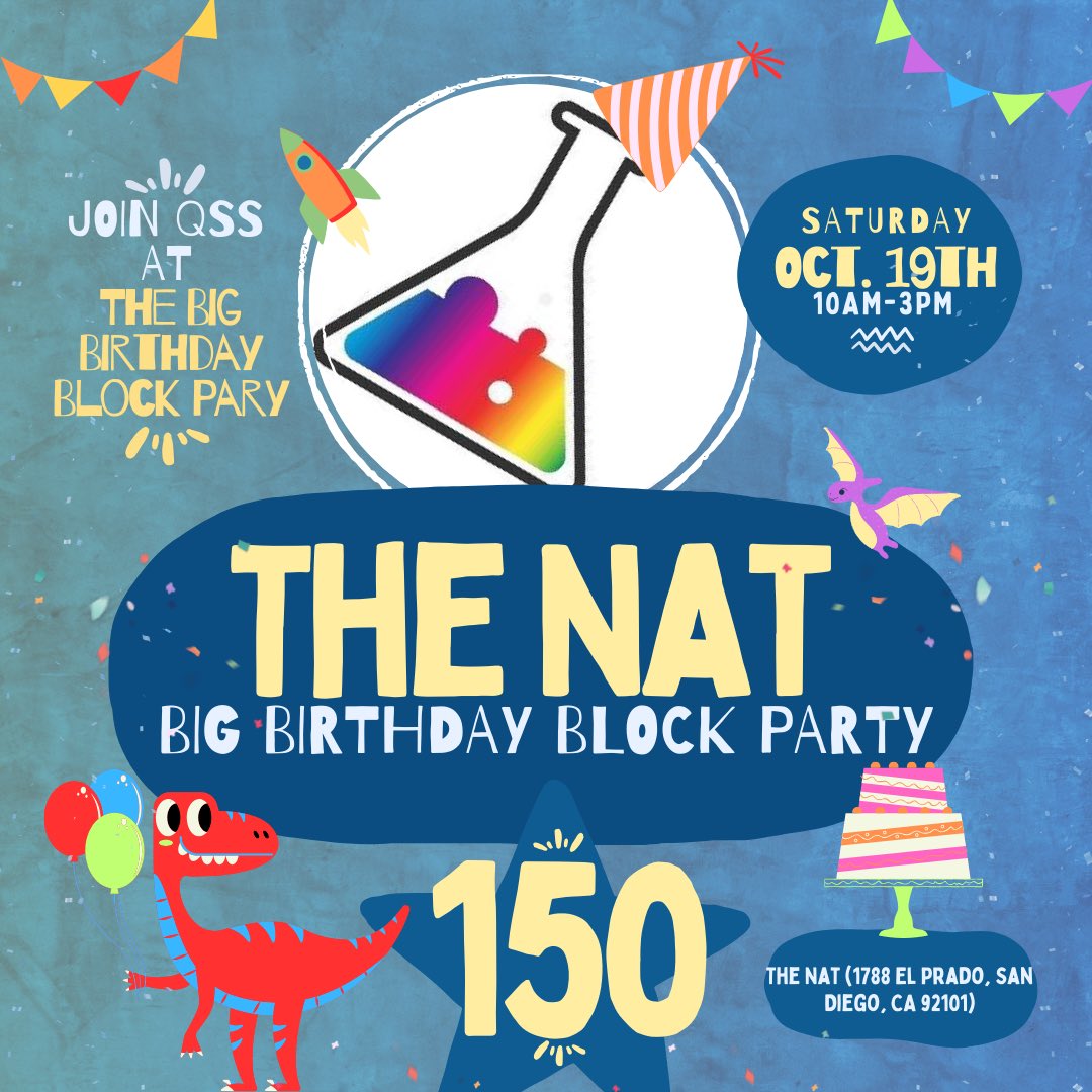 QSS will be at The Nat’s Big Birthday Block Party on Saturday, October 19th! Join us there — and if you want, come volunteer for a little while! Talk about your science and help run science activities! RSVP here to volunteer: forms.gle/FKkjpfgR1WhizG…