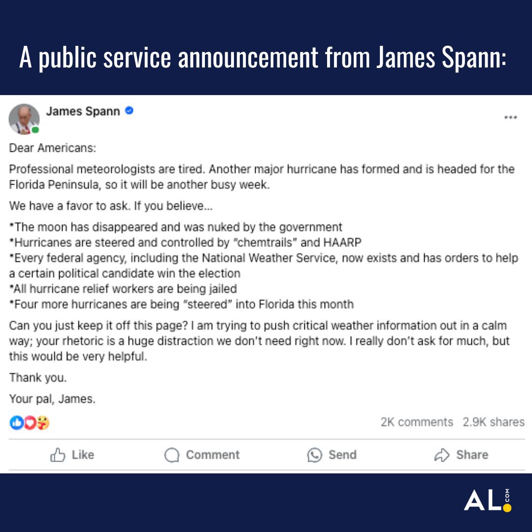 A public service announcement from our very own <a href="/spann/">James Spann</a> #Florida #hurricanemilton