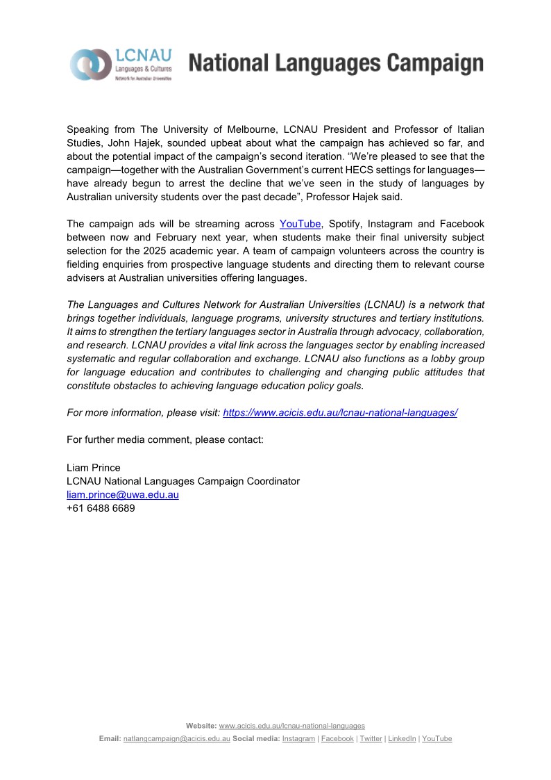 MEDIA RELEASE: New national campaign launched to boost study of languages among Australian university students: acicis.edu.au/wp-content/upl….