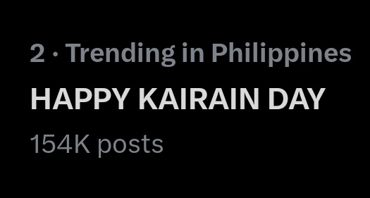 We are still trending at Second Spot with One hundred Fifty Four Thousand Tweets!!!

Forty Six Thousand Tweets more to go!

Reply "konti nalang guys" with our tagline as many as you can

HAPPY KAIRAIN DAY