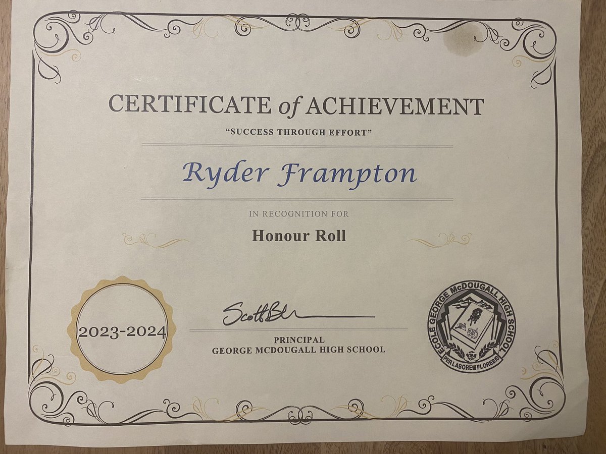 Proud to have achieved honour roll again in grade 10. Working hard to maintain a minimum 85% average throughout my junior year