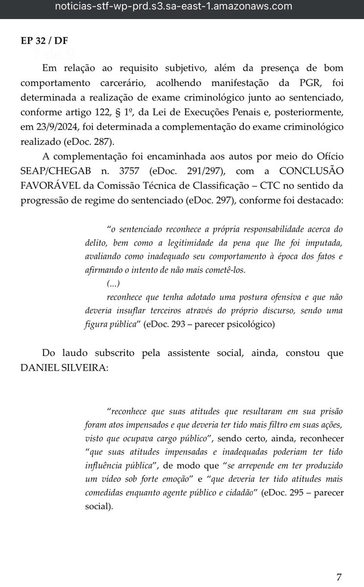 Fa1ryNight's tweet photo. Segundo consta na decisão do ministro sem cabelos, Daniel Silveira admite que errou e que deveria ter sido mais comedido. 
Espero que ninguém o chame de “ frouxo, arregão, vendido “ etc.

No regime semi aberto concedido à ele diz:

“ … transferência para colônia agrícola, industrial ou estabelecimento similar. “

Pela lógica ele continua preso, não tem o que comemorar. 

Youtubers que saíram gravando vídeo com os famosos títulos “bombásticos “ deveriam ter mais responsabilidade ao dar uma notícia ( especialmente essa ).
Atitudes como essa só geram frustração.

https://t.co/L5kp4rxMQX