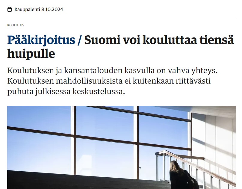 Samaa mieltä. Koulutuksen ja kansantalouden kasvulla on vahva yhteys. / KL 8.10.2024 Pääkirjoituys