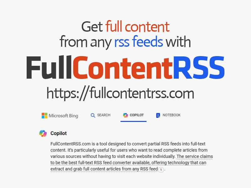 Get full content from any rss feeds with FullContentRSS.com Full Content RSS converts short summarized content into full content rss feeds.   

#rssfeed #contentmarketing #rssreader #feedreader #newsreader #digitalmarketing #viral #breaking #smm #onlinemarketing