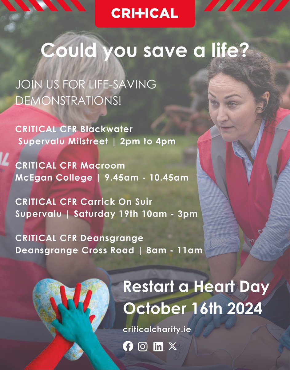 Restart a heart day is next week on Wednesday 16th October🫀

Our team of volunteers will be giving life saving demonstrations in your local community

We hope you can join us!

Updated information on time and locations available below

#RestartAHeart #CRITICALCharity #Volunteers