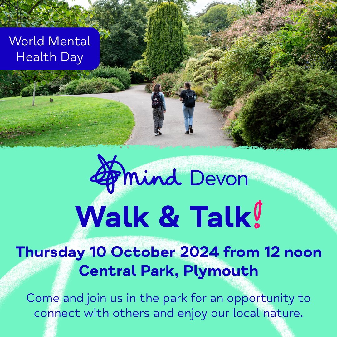 Devon Mind (@minddevon) on Twitter photo Join our Walk & Talk for #WorldMentalHealthDay!
Thursday 10 October 2024 from 12 noon at Central Park, Plymouth
Join our walks for an opportunity to connect with others while spending time outside in our local nature.
<a href="/ArgyleTrust/">Argyle Community Trust</a> Join our Walk & Talk for #WorldMentalHealthDay!
Thursday 10 October 2024 from 12 noon at Central Park, Plymouth
Join our walks for an opportunity to connect with others while spending time outside in our local nature.
<a href="/ArgyleTrust/">Argyle Community Trust</a>