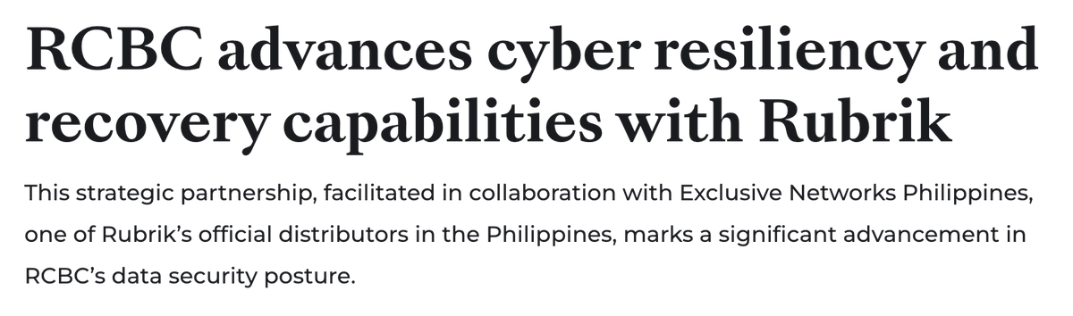 girlypeach33's tweet photo. RCBC (@askRCBC) partners with @RubrikInc, implemented by TIM Engineering Systems Solutions Corporation, to enhance its cyber resilience by bolstering its data protection and recovery capabilities! Read about our partnership here 👉 https://t.co/UsuhuROCZc https://t.co/J7wkuEk2JX