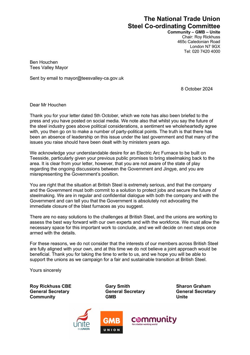 Community Union (@communityunion) on Twitter photo Read our joint letter to Tees Valley Mayor Ben Houchen with <a href="/GMB_union/">GMB Union</a> and <a href="/unitetheunion/">Unite the union: join a union</a>.
“There are no easy solutions to the challenges at British Steel, and the unions are working to
assess the best way forward with our own experts and with the workforce.”
Read the full Read our joint letter to Tees Valley Mayor Ben Houchen with <a href="/GMB_union/">GMB Union</a> and <a href="/unitetheunion/">Unite the union: join a union</a>.
“There are no easy solutions to the challenges at British Steel, and the unions are working to
assess the best way forward with our own experts and with the workforce.”
Read the full