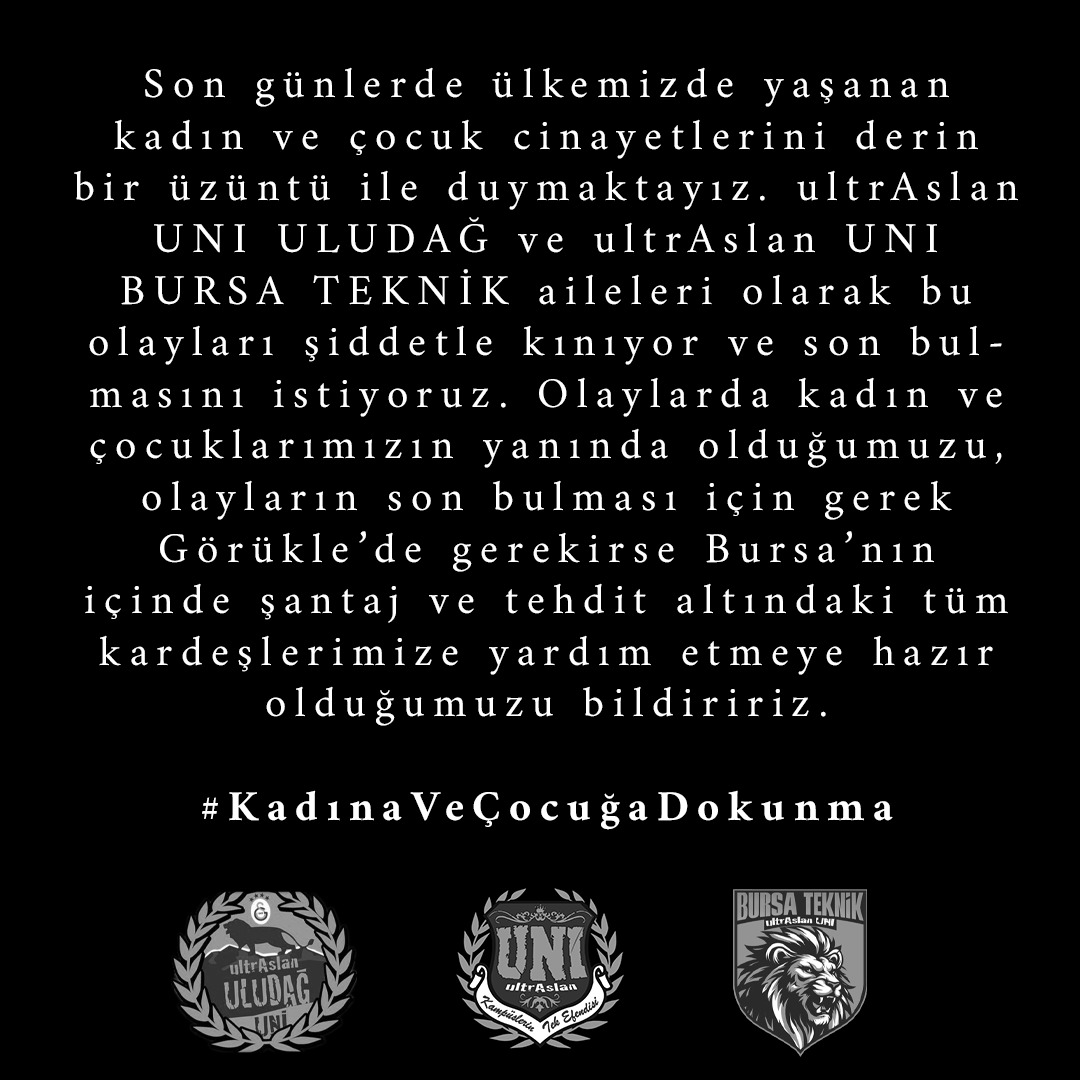 "Ey kahraman Türk kadını, sen yerde sürüklenmeye değil, omuzlar üzerinde göklere yükselmeye layıksın."

#KadınaVeÇocuğaDokunma #ultrAslanUNI