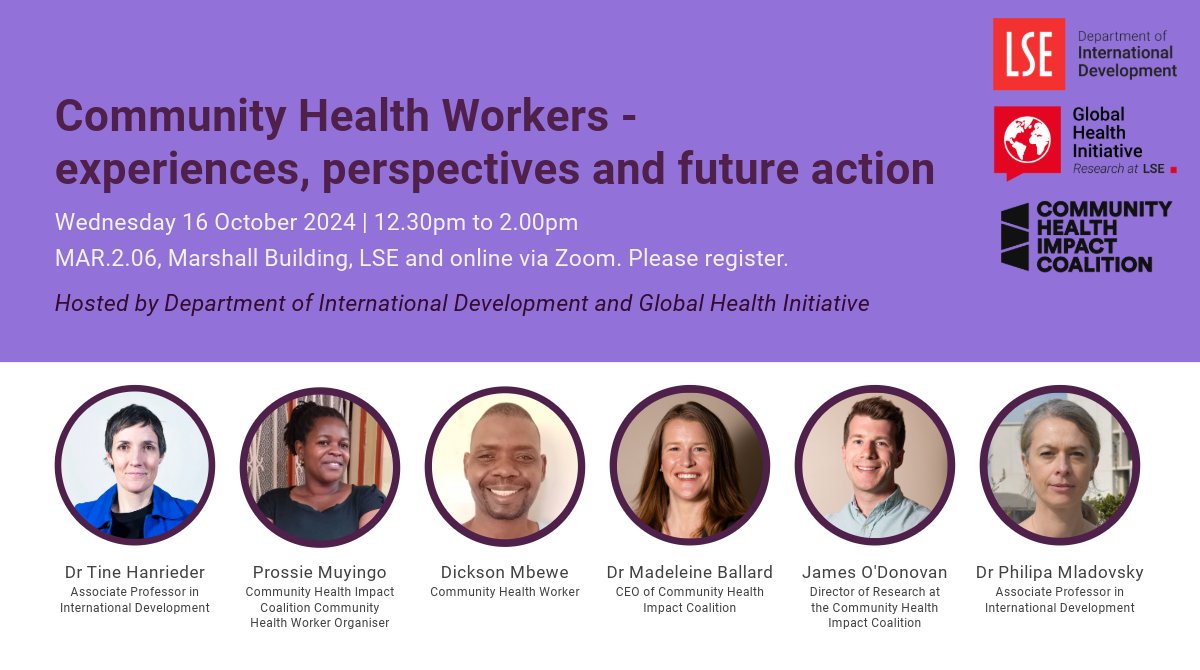 LSE International Development (@lse_id) on Twitter photo š„ Join the Department of International Development and the Global Health Initiative in welcoming <a href="/join_chic/">Community Health Impact Coalition</a> at LSE to discussĀ the impact ofĀ community health workers.
š
Wednesday 16 October, 12.30pm.
Details and registration here: lse.ac.uk/international-⦠š„ Join the Department of International Development and the Global Health Initiative in welcoming <a href="/join_chic/">Community Health Impact Coalition</a> at LSE to discussĀ the impact ofĀ community health workers.
š
Wednesday 16 October, 12.30pm.
Details and registration here: lse.ac.uk/international-ā¦