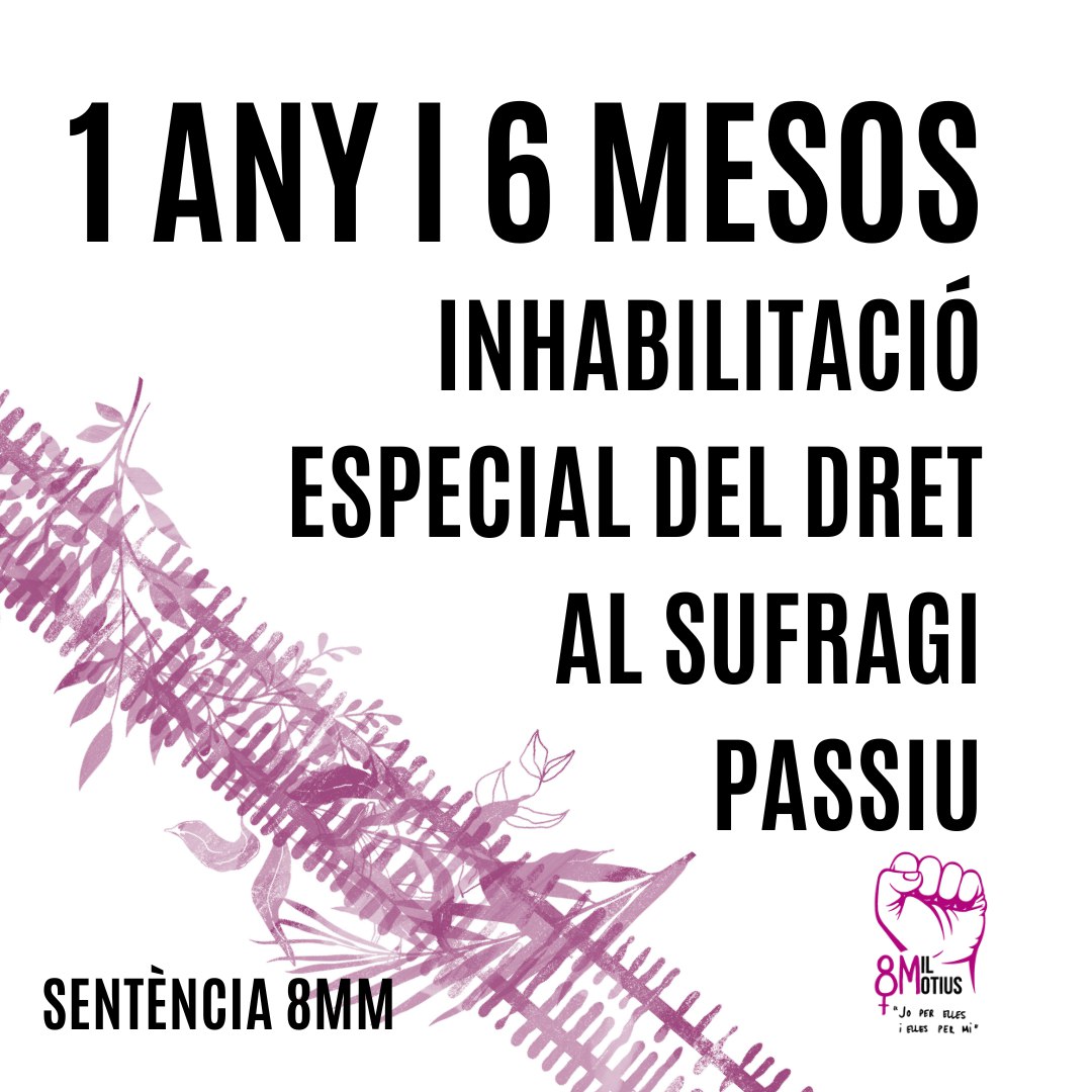 ⚠️ Càstig exemplar al feminisme:

🔗 1 any i 6 mesos de presó per a cadascuna de les 7 companyes
💶 26.169,34€ de responsabilitat civil exigida per <a href="/FGC/">FGC</a>
❌ 1 any i 6 mesos d'inhabilitació del dret al sufragi passiu

No ens quedarem parades. Dijous a les 18h, FGC Sant Cugat!
