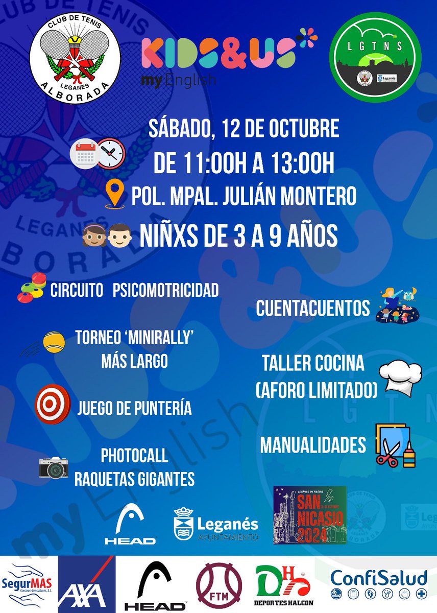 SAN NICASIO | Este sábado 12 de Octubre, dentro de las fiestas de San Nicasio ( @aytoleganes ); Kids&amp;Us ( @kidsandus_leganes ) y CT Alborada juntos.
📍Polideportivo Julián Montero.
🕰️ De 11:00h a 13:00h 
👧🏻🧒🏻 Todos los niños y niñas de Leganés, de 3 a 9 años
Os esperamos!! 🎾🇬🇧