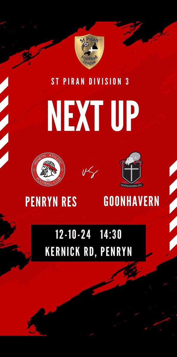 Penryn Athletic F.C. (@penrynathletic) on Twitter photo 🔴⚫️⚽️⚽️⚽️⚫️🔴
Saturday sees a return to action for the Reserve side, who take on Goonhavern in St Piran Division 3. Kick off is at 2:30pm at Kernick Road
<a href="/GoonhavernAFC/">Goonhavern AFC</a> 🔴⚫️⚽️⚽️⚽️⚫️🔴
Saturday sees a return to action for the Reserve side, who take on Goonhavern in St Piran Division 3. Kick off is at 2:30pm at Kernick Road
<a href="/GoonhavernAFC/">Goonhavern AFC</a>