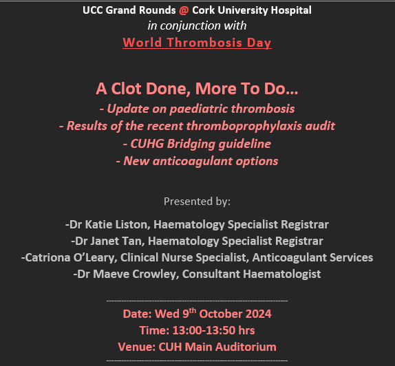 UCCDeptMed (@uccdeptmed) on Twitter photo <a href="/UCC/">UCC Ireland</a> Grand Rounds at CUH!
Please join us tomorrow Wed October 9th at 1pm for a great talk "A Clot Done, More To Do" for World Thrombosis Day
#GrandRounds #CUH #UCC #MedTwitter #MedEd #Thrombosis <a href="/UCC/">UCC Ireland</a> Grand Rounds at CUH!
Please join us tomorrow Wed October 9th at 1pm for a great talk "A Clot Done, More To Do" for World Thrombosis Day
#GrandRounds #CUH #UCC #MedTwitter #MedEd #Thrombosis