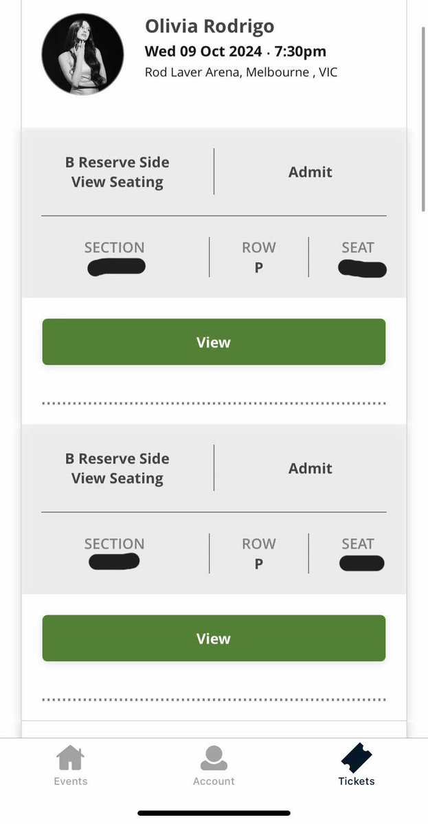 PeterGrieffin's tweet photo. Want to sell spare Olivia Rodrigo Melbourne tickets. B and C reserve side view. Message me to organise can transfer through tixel https://t.co/1HA7uWGobp