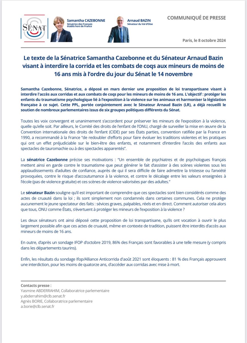 Communiqué de presse commun avec <a href="/scazebonne/">Samantha Cazebonne</a> 
Notre proposition de loi pour l’interdiction de la corrida et des combats de coqs aux mineurs de -de 16 ans arrive en discussion au Sénat !