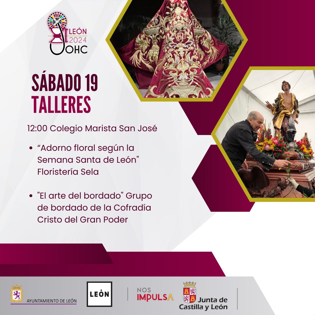 ACTOS JOHC

Talleres formativos en el Colegio Marista San José

10:15 “Hacia la Cruz, por las calles de Jerusalén."
Impartido por Rvd. Jorge de Juan Fernández
12:00
"Adorno floral según la Semana Santa de León" Floristería Sela
"El arte del bordado"
Cofradía Cristo del Gran Poder