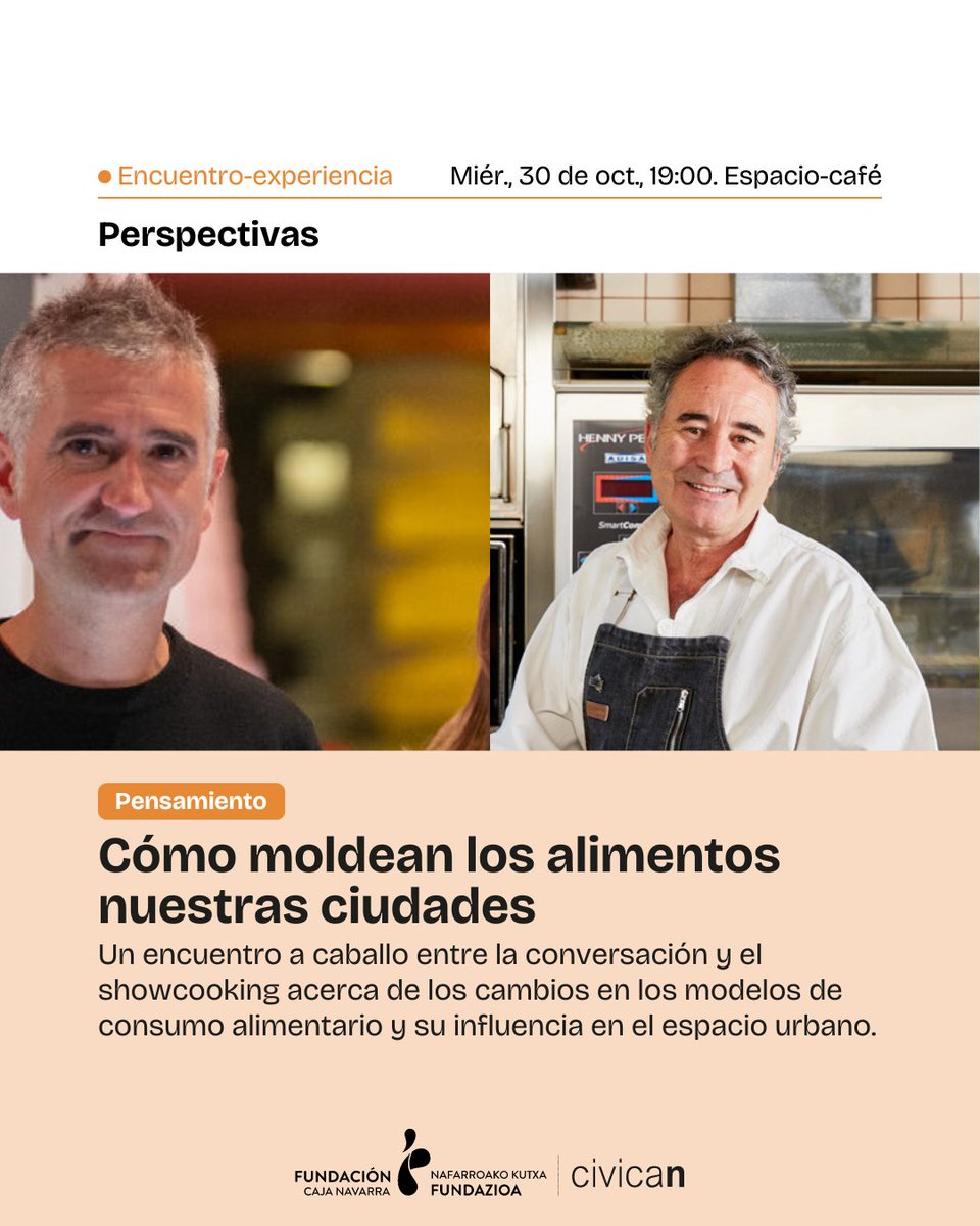 CIVICAN (@civicanfcn) on Twitter photo <a href="/FundCajaNavarra/">FundaciónCajaNavarra</a> <a href="/jakiunde/">Jakiunde - Zientza, Arte eta Letren Akademia</a> <a href="/alonso_nora/">NORA ALONSO</a> Cómo moldean los alimentos nuestras ciudades
∞ Con Gorka Rodríguez, periodista, productor cultural especializado en urbanismo y ciudad, co-director de <a href="/urbanbat/">URBANBAT</a>.
Y Tony Botella, cocinero, fundador de TBTC Escuela de Cocina al Vacío.
∞ 30 de octubre, 19:00. Espacio café. <a href="/FundCajaNavarra/">FundaciónCajaNavarra</a> <a href="/jakiunde/">Jakiunde - Zientza, Arte eta Letren Akademia</a> <a href="/alonso_nora/">NORA ALONSO</a> Cómo moldean los alimentos nuestras ciudades
∞ Con Gorka Rodríguez, periodista, productor cultural especializado en urbanismo y ciudad, co-director de <a href="/urbanbat/">URBANBAT</a>.
Y Tony Botella, cocinero, fundador de TBTC Escuela de Cocina al Vacío.
∞ 30 de octubre, 19:00. Espacio café.