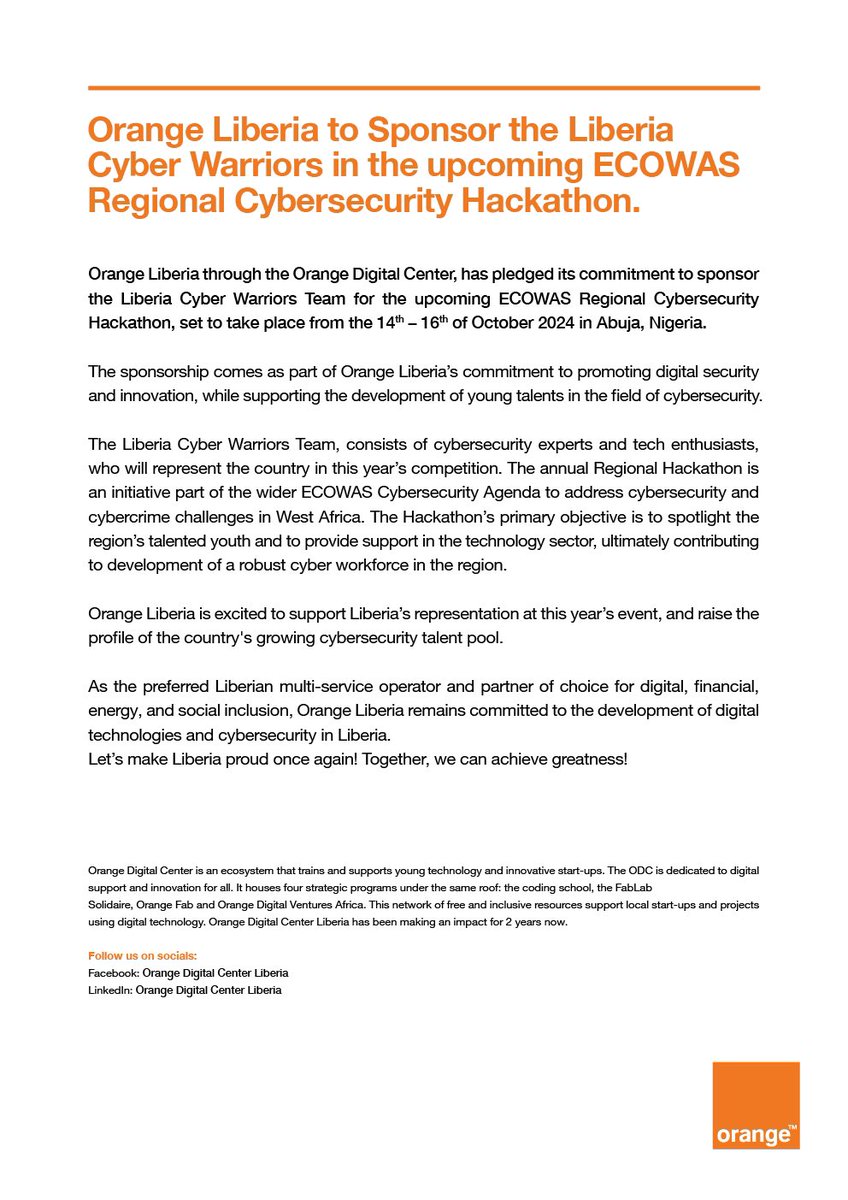 Through our Orange Digital Center, we are excited to sponsor Liberia Cyber Warriors in this year's ECOWAS Regional Cybersecurity Hackathon. Join us in wishing team Liberia all the best as they depart to represent our motherland!

Go Liberia, Go!!! 👏🏾👏🏾👏🏾 

#OrangeisHere