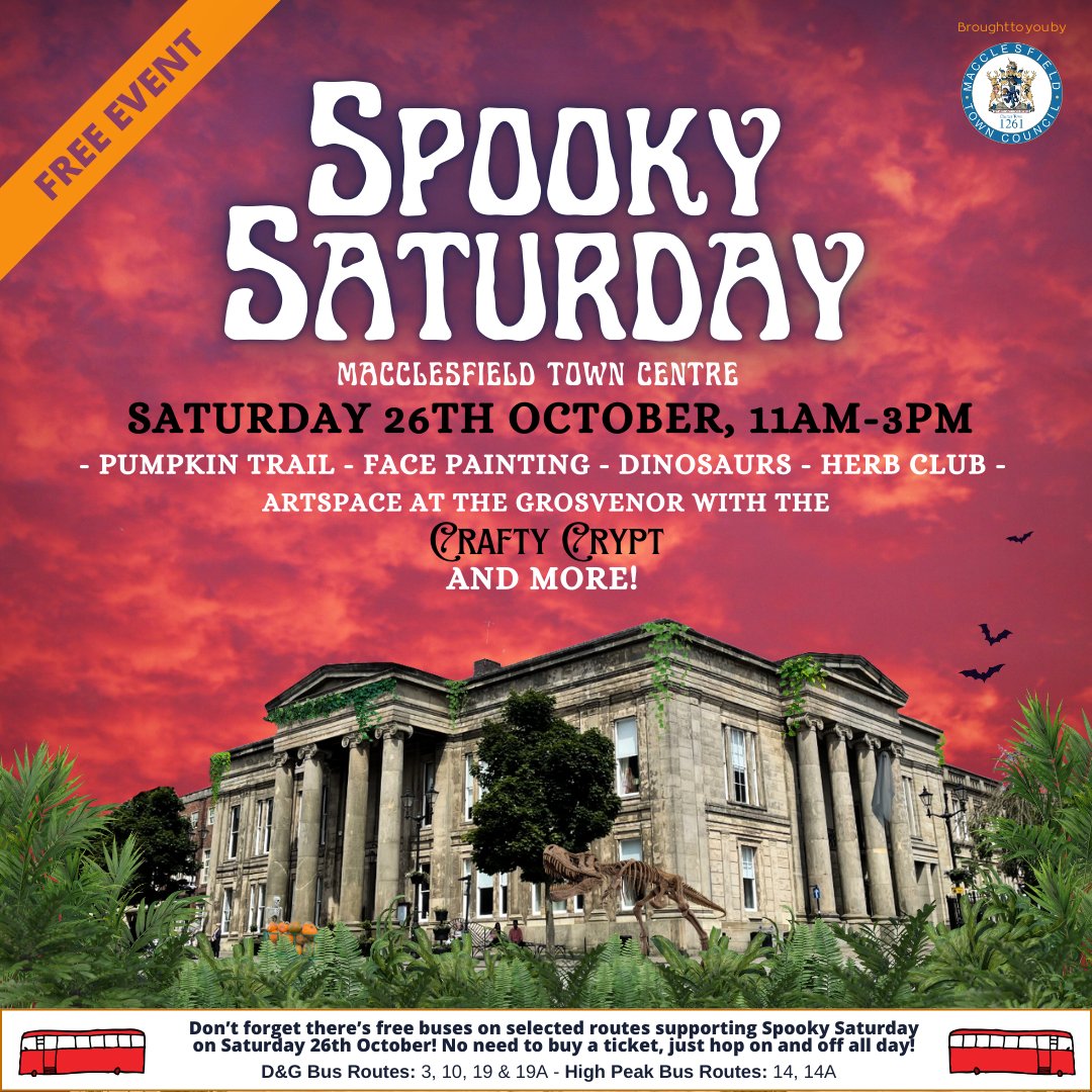 Macclesfield Town Council (@macclesfieldtc) on Twitter photo As we creep further into October, that can only mean one thing ... Spooky Saturday!
Potion Making, Face Painting, Crafts <a href="/MaccArtSpace/">Macclesfield Community ArtSpace</a>, pumpkin trail around town & more! It is a FREE event, with FREE buses running too
#MacclesfieldBetterTogether #Macclesfield
🧟♀️🧛♂️🦇🕷💀👻 As we creep further into October, that can only mean one thing ... Spooky Saturday!
Potion Making, Face Painting, Crafts <a href="/MaccArtSpace/">Macclesfield Community ArtSpace</a>, pumpkin trail around town & more! It is a FREE event, with FREE buses running too
#MacclesfieldBetterTogether #Macclesfield
🧟♀️🧛♂️🦇🕷💀👻