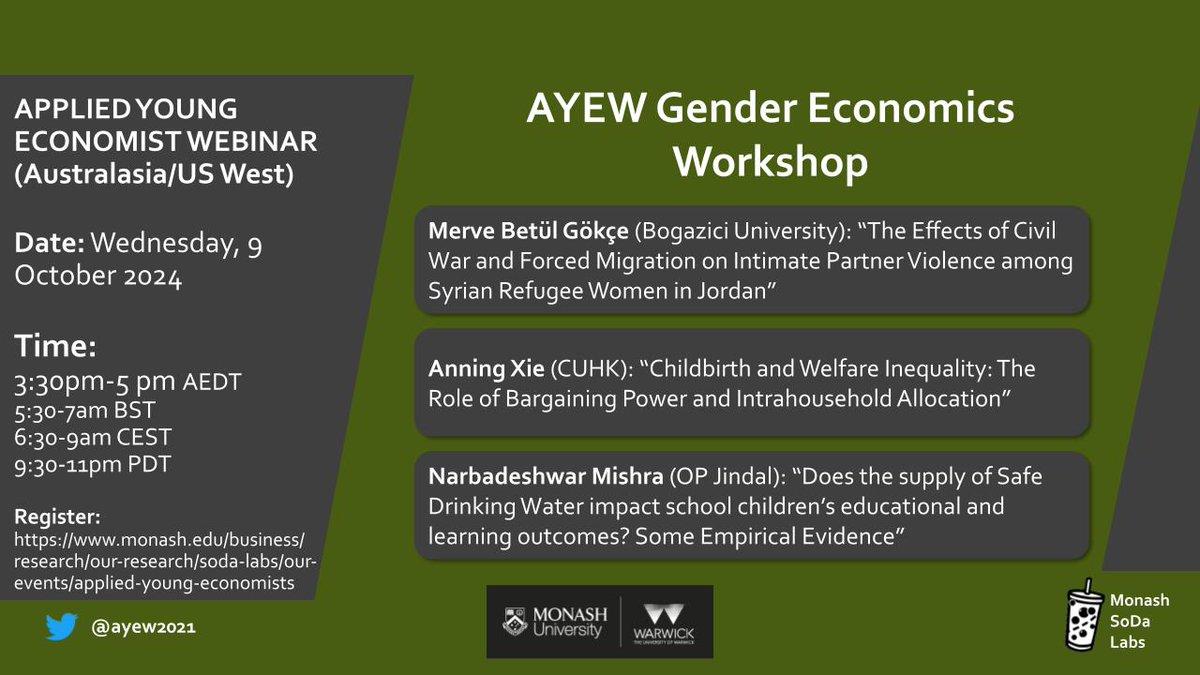 ayew2021's tweet photo. Join us TOMORROW (9 October) for the GenderEconomics Workshop at 11:00am BST to listen to Merve Betül Gökçe(@UniBogazici),
@AnningXIE(@CUHKofficial) and
@narbadeshwarm(@IFMR_GSB) 
      Sign up for Zoom details: https://t.co/9uqg3n6Hhn https://t.co/YwsRqGTiLR