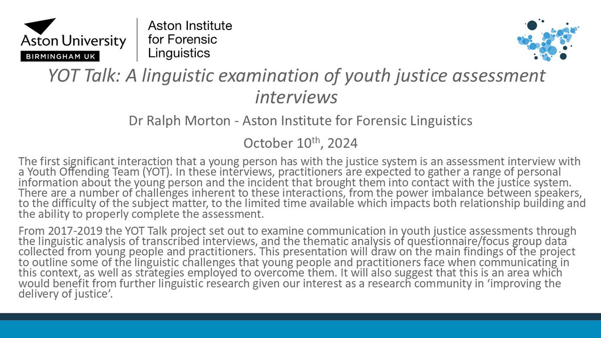 Be sure to join us this Thursday at 4pm BST for a (free!) seminar with our own Dr Ralph Morton titled 'YOT Talk: A linguistic examination of youth justice assessment interviews'
Tickets: shorturl.at/YNXeE