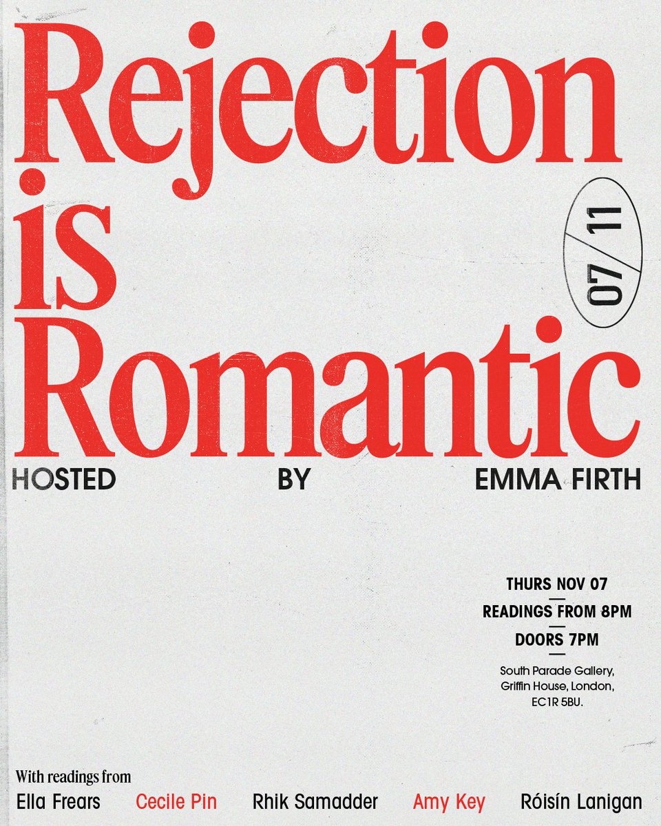 rosielanners's tweet image. *🥀* REJECTION IS ROMANTIC *🥀*

i'll be reading at south parade gallery in farringdon next month (7/11) with some really great writers pls come along 🥰 eventbrite.co.uk/e/rejection-is…