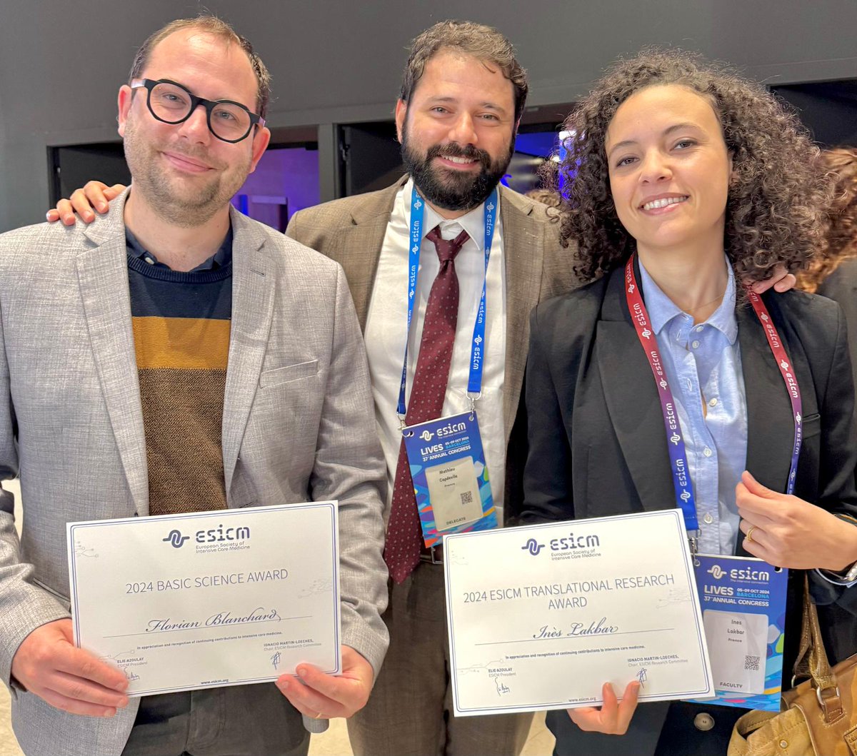 La SFAR félicite les Dr Inès Lakbar (recherche translationnelle) et Florian Blanchard (recherche fondamentale), pour leurs prix de recherche à <a href="/ESICM/">ESICM</a>  2024 👏