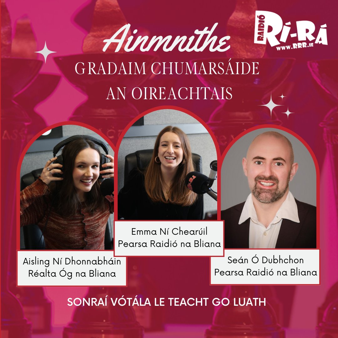 Tá ríméad orainn a fhógairt go bhfuil TRIÚR de chuid foireann Raidió Rí-Rá ar an ngearrliosta do Ghradaim Chumarsáide an Oireachtais i mbliana!🥳

Osclófar na línte vótála amárach an 9ú Deireadh &amp; roinnfimid libh iad - mar sin coimeád súil ar mheáin shóisialta Raidió Rí-Rá!