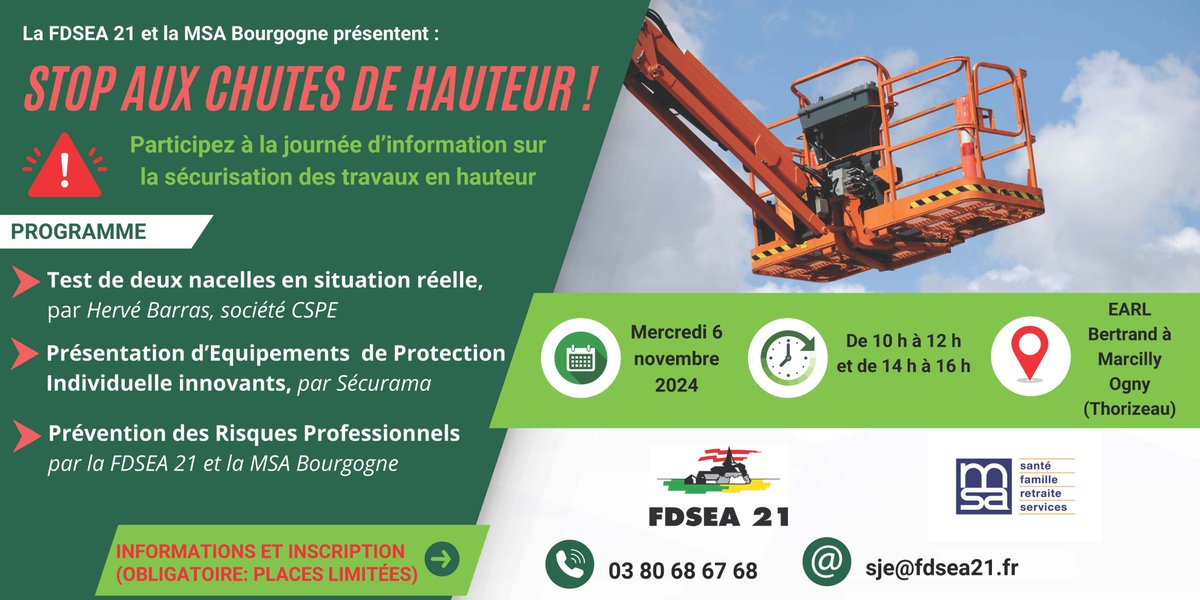 MSA Bourgogne (@msa_bourgogne) on Twitter photo ⭕️ 𝗟𝗲 𝗿𝗶𝘀𝗾𝘂𝗲 𝗱𝗲 𝗰𝗵𝘂𝘁𝗲𝘀 𝗱𝗲 𝗵𝗮𝘂𝘁𝗲𝘂𝗿 𝗱𝗮𝗻𝘀 𝗹𝗲 𝘀𝗲𝗰𝘁𝗲𝘂𝗿 𝗮𝗴𝗿𝗶𝗰𝗼𝗹𝗲
La #MSA #Bourgogne aide ses adhérents en proposant un accompagnement par un conseiller en prévention.
RDV le 06/11 à Marcilly (21)
#prevention #RisquesProfessionnels <a href="/FDSEA21/">FDSEA de Côte d'Or</a> ⭕️ 𝗟𝗲 𝗿𝗶𝘀𝗾𝘂𝗲 𝗱𝗲 𝗰𝗵𝘂𝘁𝗲𝘀 𝗱𝗲 𝗵𝗮𝘂𝘁𝗲𝘂𝗿 𝗱𝗮𝗻𝘀 𝗹𝗲 𝘀𝗲𝗰𝘁𝗲𝘂𝗿 𝗮𝗴𝗿𝗶𝗰𝗼𝗹𝗲
La #MSA #Bourgogne aide ses adhérents en proposant un accompagnement par un conseiller en prévention.
RDV le 06/11 à Marcilly (21)
#prevention #RisquesProfessionnels <a href="/FDSEA21/">FDSEA de Côte d'Or</a>