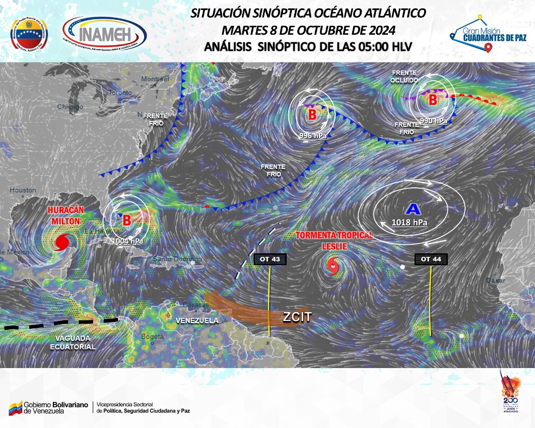 ejpl_2011's tweet photo. @INAMEH #8oct #INAMEHInforma Situación sinóptica - Océano Atlántico: Se observan distintos sistemas frontales, altas y bajas presiones, igualmente la Tormenta Tropical Leslie y el Huracán Milton (Categoría 5) asimismo la Onda Tropical Nro. 43 al noreste de Surinam y la ➡️ https://t.co/G1gRrPxW7U