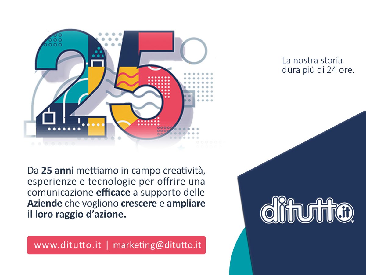 ditutto_italia's tweet image. #DITUTTO, LA NOSTRA STORIA DURA PIÙ DI 24 ORE
Da 25 anni mettiamo in campo creatività, esperienze e tecnologie per offrire una comunicazione efficace a supporto delle Aziende che vogliono crescere e ampliare il loro raggio d’azione.
ditutto.it | marketing@ditutto.it