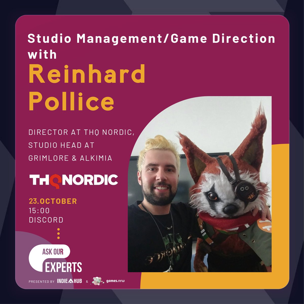 INDIEHubNetwork's tweet photo. 📚 Welcoming Reinhard Pollice from @THQNordic (@GrimloreGames & Alkimia) to our next #AskOurExperts
Answering questions about #StudioManagement and #GameDirection
🖥 https://t.co/Ni7RmAqty4
🗓️ 23. October at 15:00 CET
#indiegames #indiedev #networking #gamedev https://t.co/e3eh47oz1f