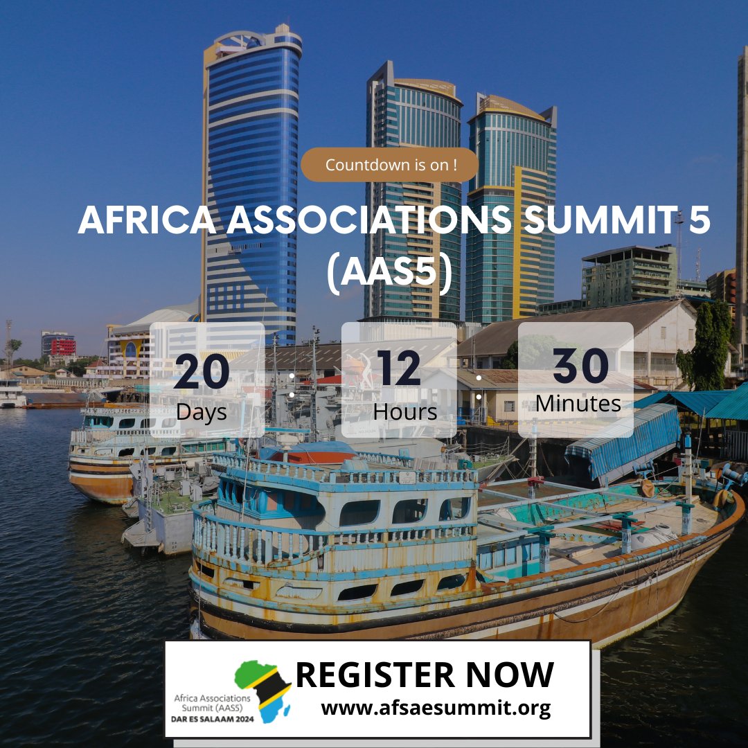 af_sae's tweet photo. The #AAS5Summit is Coming to  JNICC, Dar es Salaam this 29th - 30th October! 
Join us as we explore how AI &amp; Innovation can Transform African Associations.

Countdown is on!!!

Register now at https://t.co/nty9fjpLft 
#associationmeetings
#AAS52024
#associationleadership https://t.co/lHHn7oEO0B