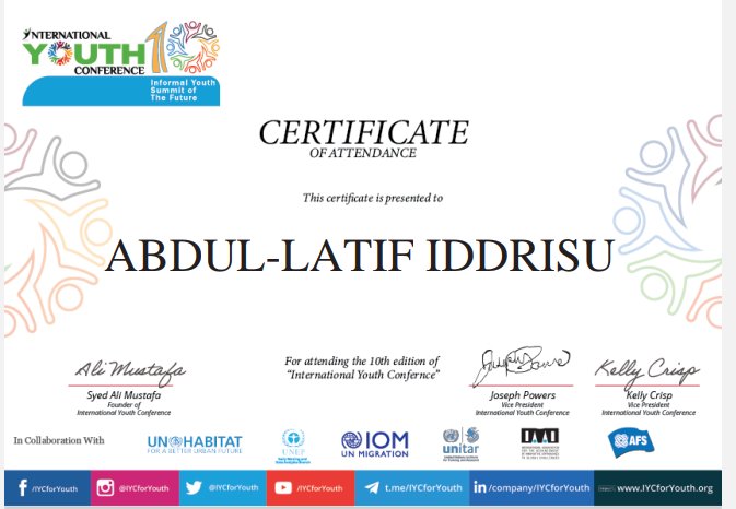 EMPOWERED AND INSPIRED!
It was a pleasure attending the International Youth ConferenceInternational Youth Conference - IYCIYC10 as a delegate.
I am honored to receive a certificate of participation! Grateful to the inspiring speakers. Together, let's drive positive change!
#iyc10