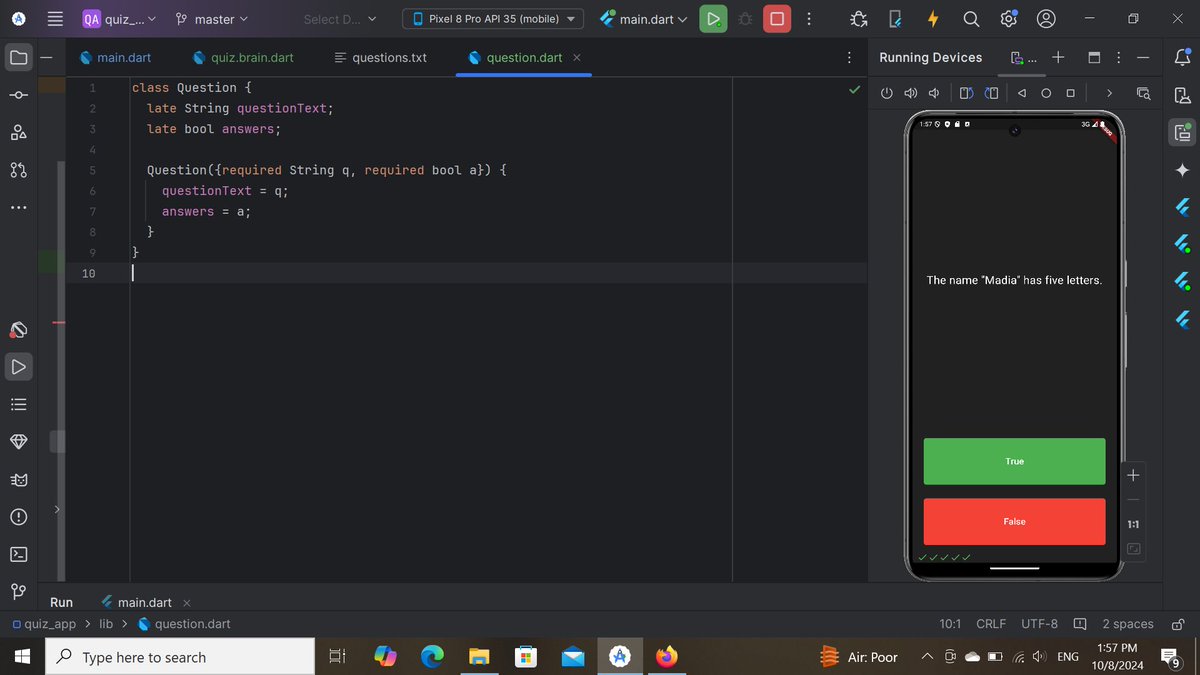 its_madia's tweet image. Just finished a challenging quiz app project! 💪 This one was a bit tougher than others 🥲, but I learned a lot. I built two classes, used encapsulation, and tackled some tricky stuff to make it work. 
@a_daneshyar @CodeToInspire
@f_forough #codinglife #quizapp #projectcomplete