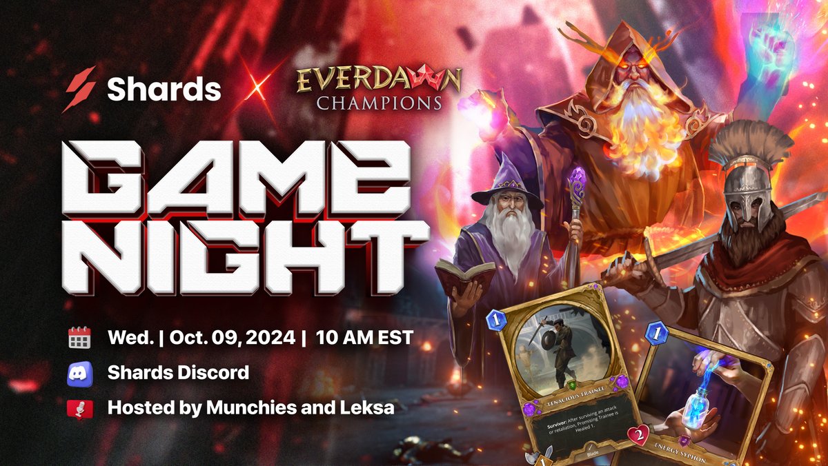Game Night Reminder! 🎮

Get ready for an amazing Tactical TCG experience with <a href="/EverdawnChamp/">Everdawn Champions</a> ! 🃏✨

Witness your cards come to life on a 3D battlefield!

📅 Date: Wednesday, Oct. 09, 2024
🕒 Time: 10 AM EST

Join us for the action—don’t miss out! ⚡