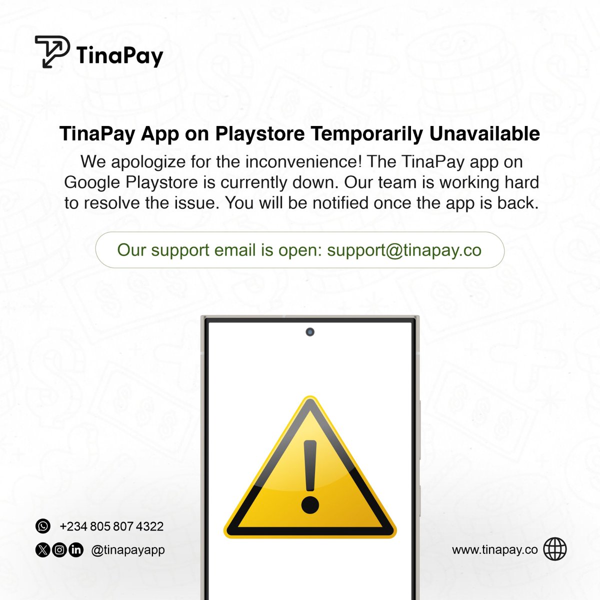 TinaPayapp's tweet image. We're experiencing a temporary outage with the Tinapay app on the Google Play Store. Our team is working to fix it quickly.

We apologize for any inconvenience and appreciate your patience. We'll update you soon.

#Tinapay #AppMaintenance #TechnicalDifficulties #CustomerSupport