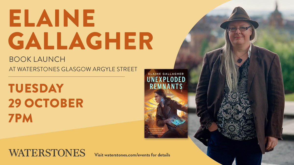 Local author Elaine Gallagher joins us for the launch of her debut SciFi novella, Unexploded Remnants 💥 a spectacular blend of Doctor Who &amp; Indiana Jones which sees the last human in the galaxy find an artefact of untold worth... and untold trouble.

waterstones.com/events/elaine-…