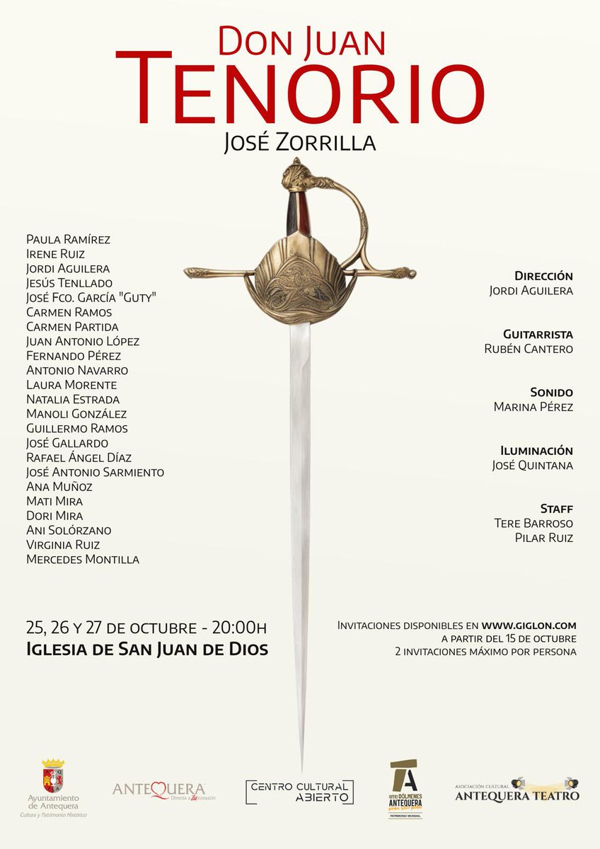 🎭 El clásico teatral Don Juan Tenorio, de José Zorrilla, vuelve a escena en Antequera

▫️25, 26 y 27 #octubre
▫️Función a las 20.00h
▫️En Iglesia San Juan de Dios

🎟️ Invitaciones disponibles en giglon.com a partir del 15 #octubre

#Antequera es #MásCiudad