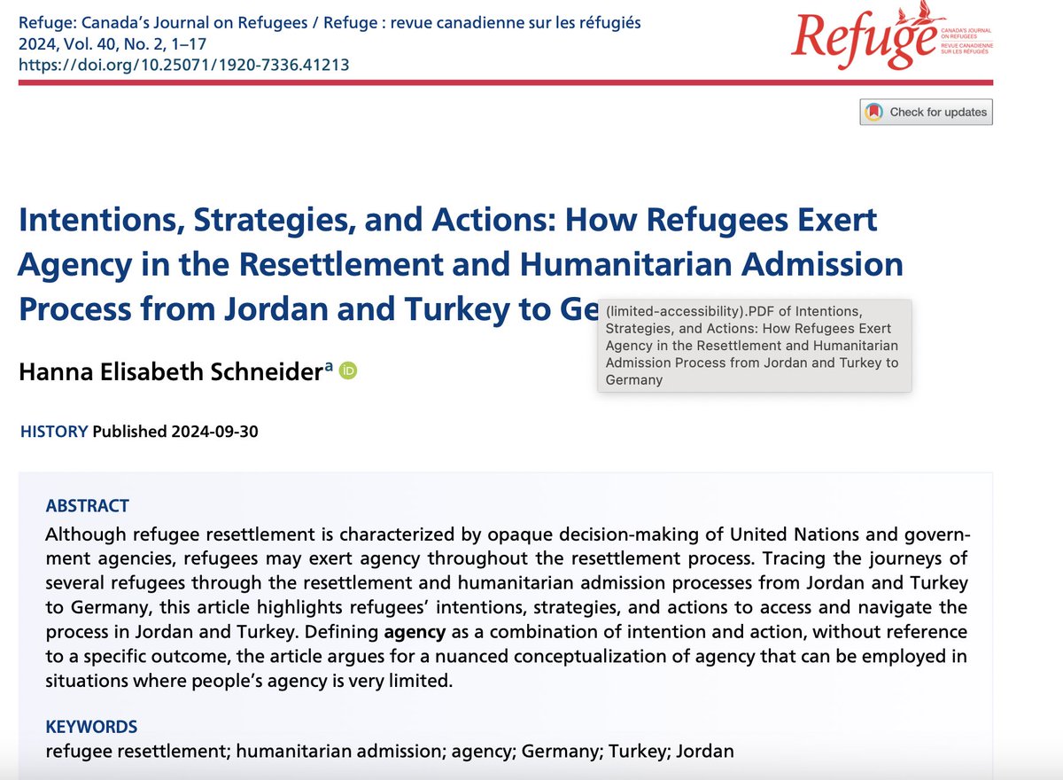 Celebrating BIG TIME that my article on refugees' experiences in the #resettlement process has been published #OpenAccess in <a href="/RefugeJournal/">Refuge: Canada's Journal on Refugees</a> 🎉 You can read it here: refuge.journals.yorku.ca/index.php/refu…